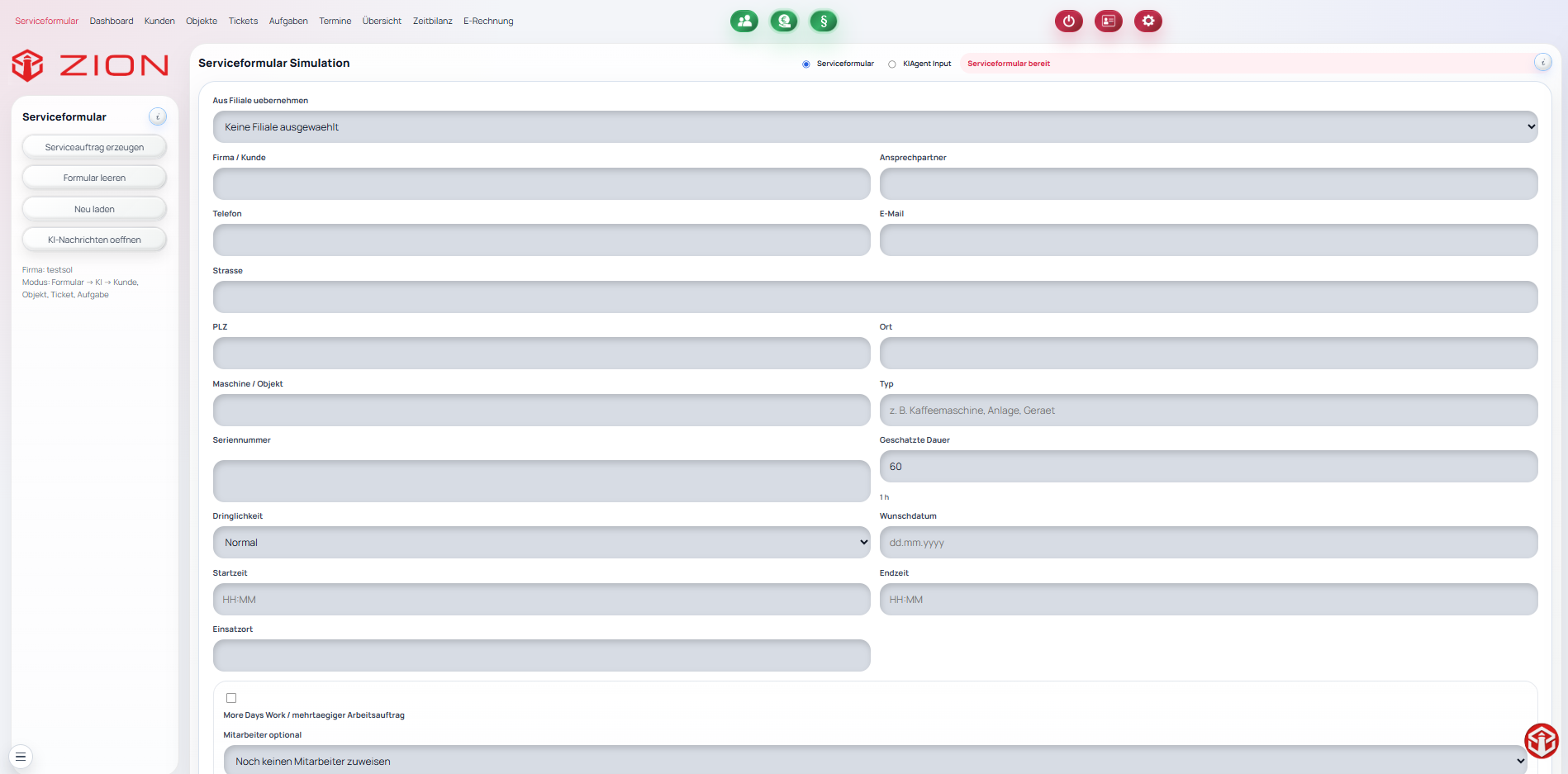 ZION Serviceformular Screenshot